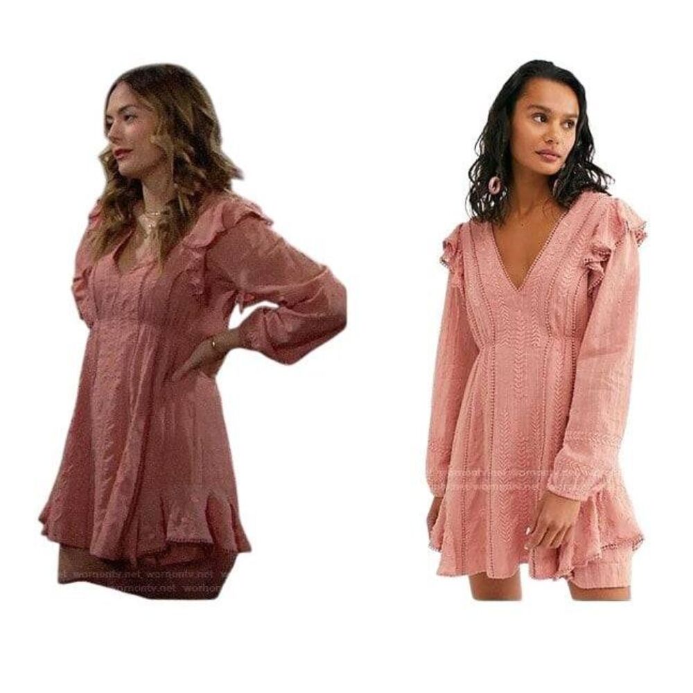 FREE PEOPLE 8 M Isabella Mini Dress Rose Pink Boho Festi 90s Babydoll Romantic